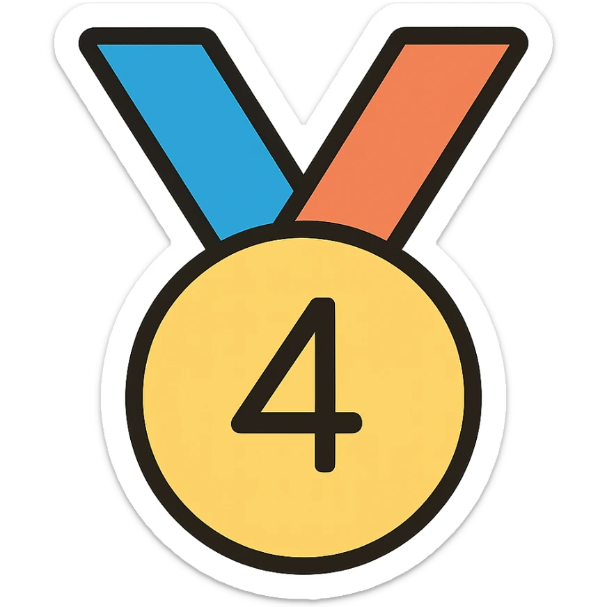 Add gold, bronze, and blue colors to the medal for 4th place, keep the number 4 visible, icon style, no background. sticker