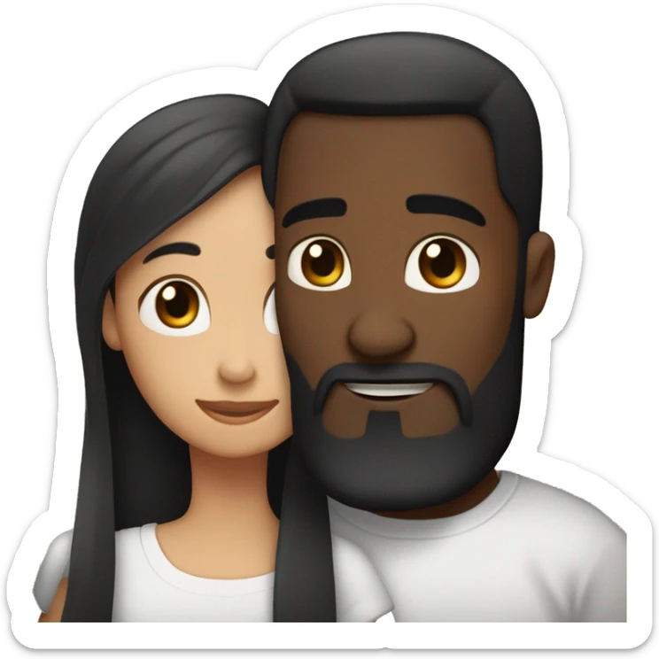 light skin woman with very long straight brown hair hugging black man with very short dark hair and a long dark beard wearing a white tshirt sticker