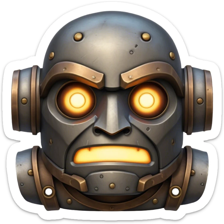Cinematic Noble Mighty Iron Golem Portrait Emoji Poised and imposing, with a towering, metallic form forged from intricately detailed plates of burnished steel and ancient bronze, etched with faint traces of runes and weathered marks of time. Its piercing, glowing eyes radiate unwavering resolve, casting a solemn and commanding presence; rendered with lifelike texture and natural metallic highlights, high shine, elegant yet indomitable, styled with an aura of legendary endurance, focused and resolute, soft glowing outline, capturing the essence of an eternal guardian, standing vigilant and immovable as if ready to awaken at any moment with unstoppable might! sticker