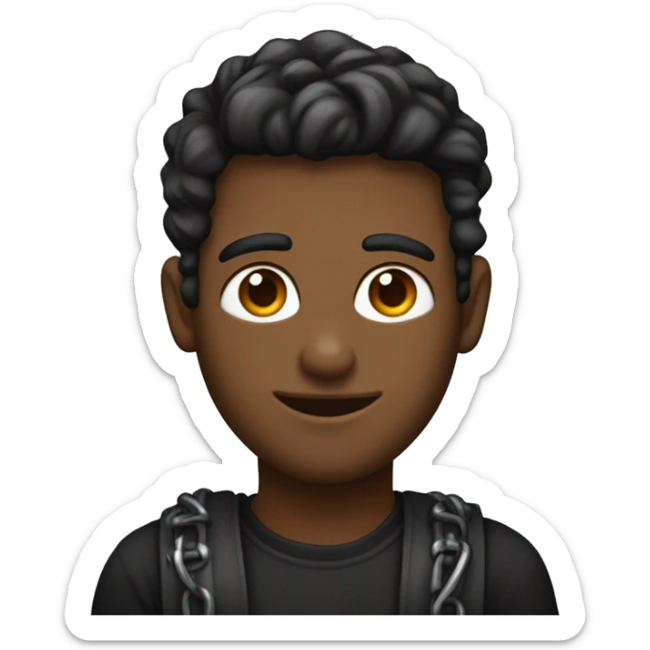 un chico con pelo castnio con ojos marones con remera negra con una cadena y con pelo cortito sticker