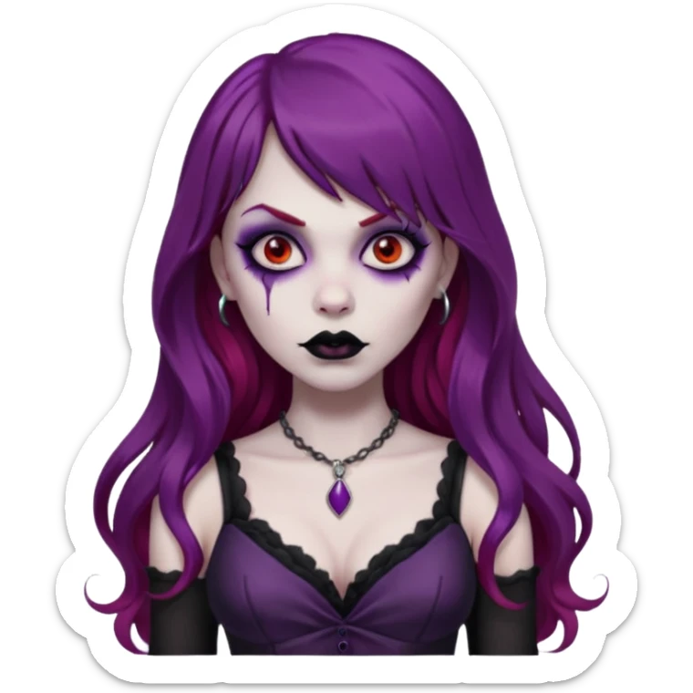 vampira gótica zumbi de cabelo longo e vermelho quase roxo e franja e roupa com decote e batom preto sticker