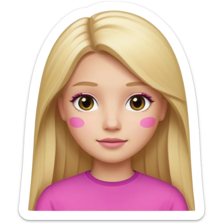 a blonde girl with long straight hair, pretty face, light day makeup wearing pink memoji sticker