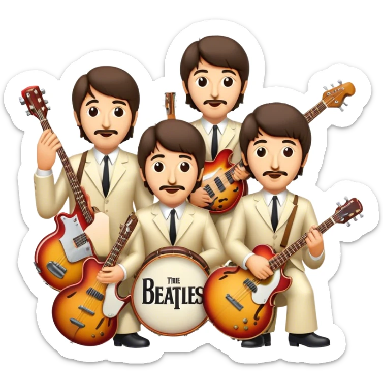 Cinematic Realistic The Beatles Group Emoji, depicted as an iconic band of four exuding playful charisma and musical genius with retro instruments and vibrant expressions, rendered with rich textures and nostalgic dynamic lighting that captures their legendary impact on pop culture. sticker