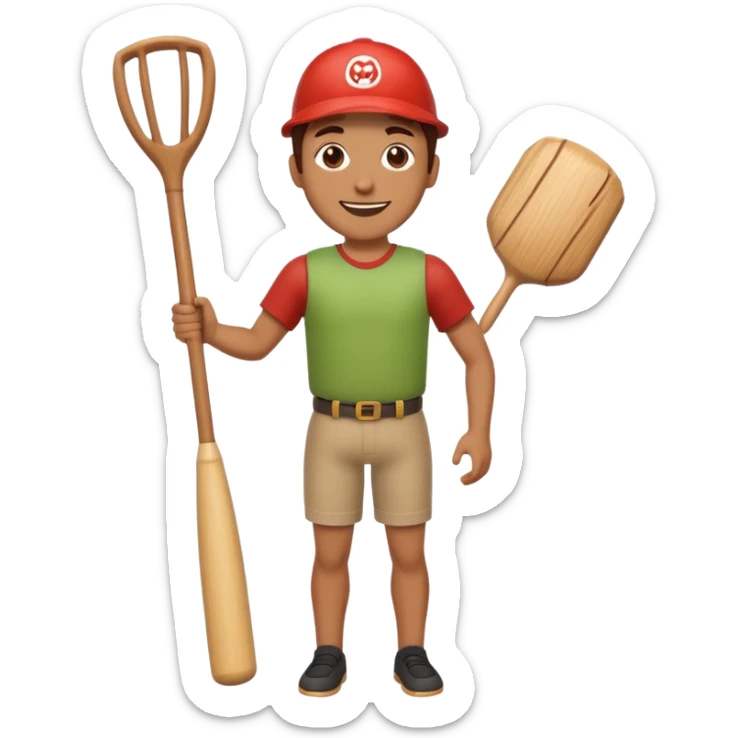 Make a wooden tube with a face and wooden legs and arms and a bat sticker