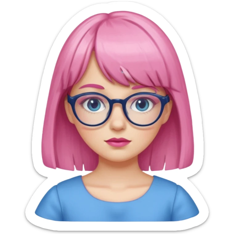 Cute white girl has bang and glasses wear pink make up and dress all blue sticker