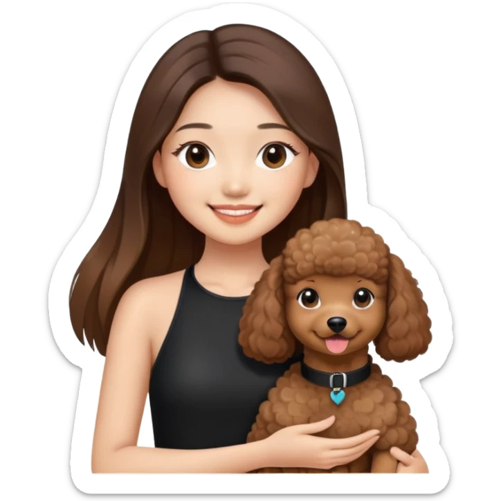a asian girl with long brown straight balayage hair, long lashes, smiling, wearing black halterneck top, and holding a brown poodle sticker