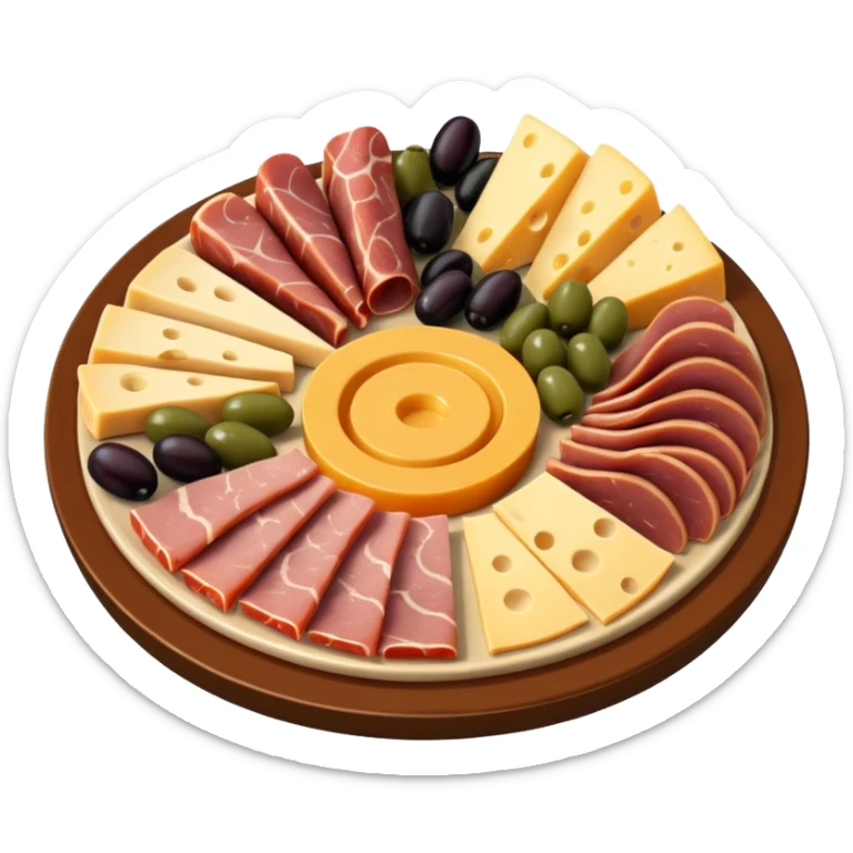 A 3D cartoon platter of assorted deli items like sliced meats, cheese, and olives, colorful and appetizing, Memoji-style. sticker