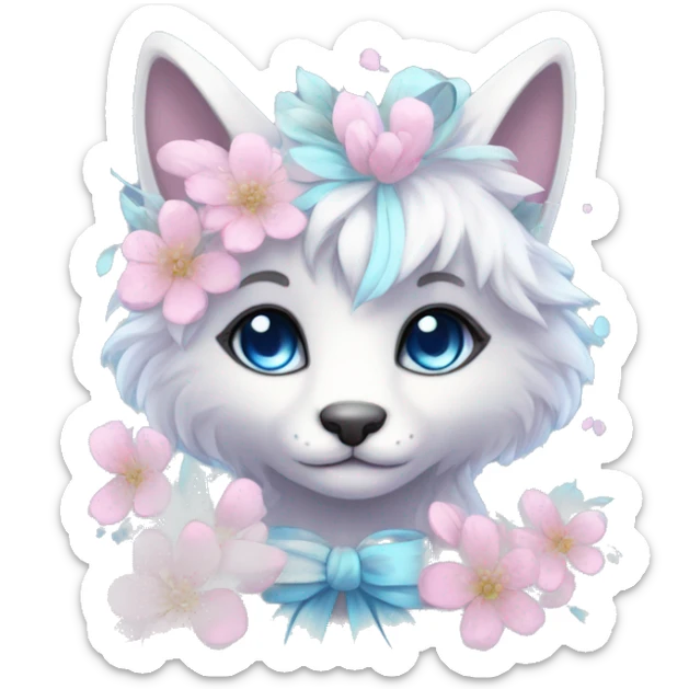 Anthro Cute Cool Pastel Kawaii gorgeous sparkly ethereal fantasy animal creature with blue eyes furry sona with flowers and ribbons beautiful aesthetic sticker