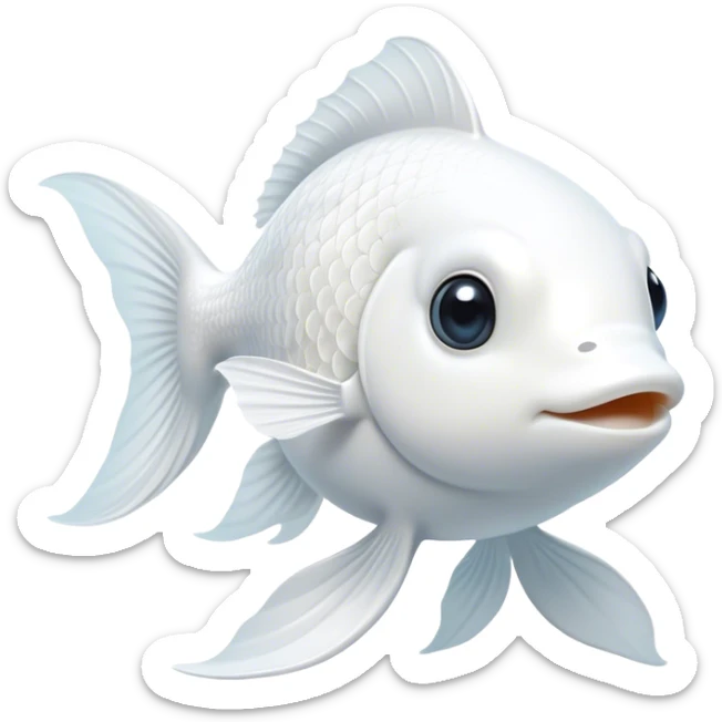 Cinematic Noble White Goldfish Portrait Emoji, Poised and regal, with a sleek, streamlined build and a luminous, pure white body, deep-set soulful pale eyes, Simplified yet sharp and sophisticated features, highly detailed, glowing with a soft, dignified glow, high shine, intelligent and graceful, stylized with an air of aquatic purity, focused and attentive, soft glowing outline, capturing the essence of a watchful and confident aquatic companion, so majestic it feels as though it could glide out of the screen with effortless authority! sticker