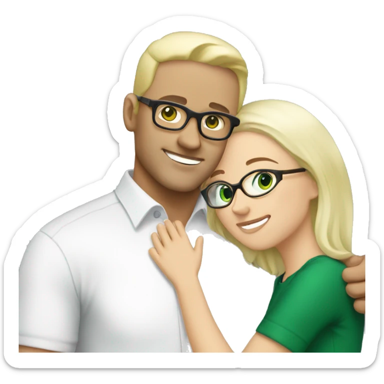 White Blonde woman with green eyes hugging white black haired man with brown eyes and glasses sticker