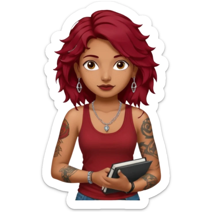 a pretty tan indian bratz girl with messy dark wavyred hair, wearing a dark red tank top, layered silver necklaces. Carrying multiple sketchbooks and pens, tattoos on arm sticker