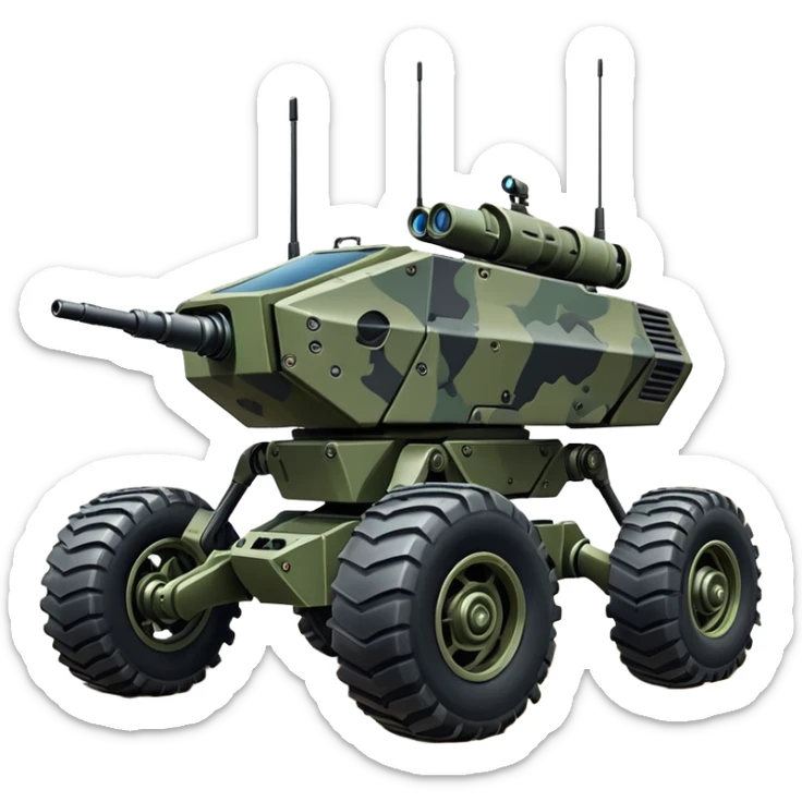 a roomy 4-wheel armored personnel stealth camouflage army massive mech trail vehicle shooting forward side-hill leaning actively independent suspended pod gimbal enemy mech off-road racing rover with large fast engine  sticker