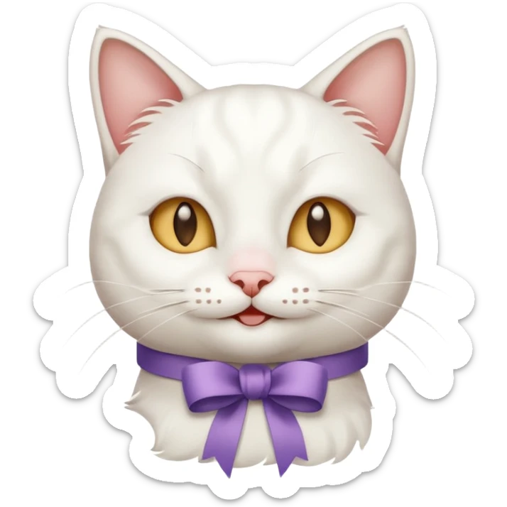 Head of a white cat, smiling, with a loose ribbon on top of its head
 sticker