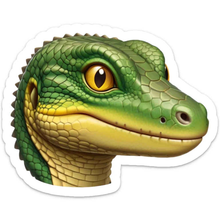cinematic-realistic-cute-monitor-lizard-portrait-emoji,-head-tilted-playfully-and-inquisitively,-featuring-a-compact,-agile-body-with-finely-detailed,-glossy-scales-in-earthy-olive-hues-and-a-distinct,-alert-face-with-bright,-curious-eyes, yellow and dark green sticker