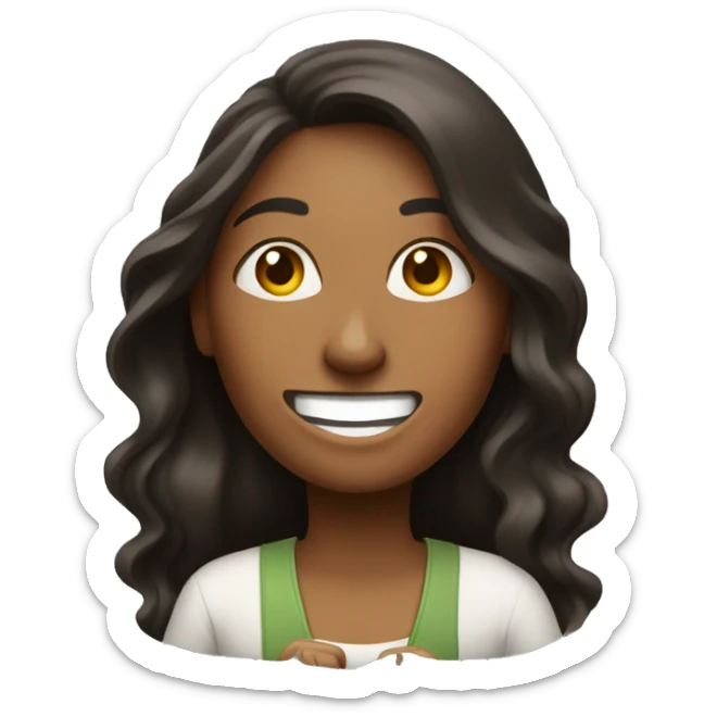 woman with long hair ith money on her hands with a big smile sticker