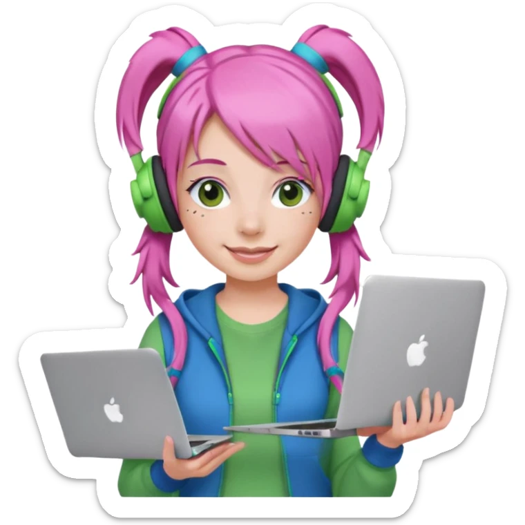 Create an emoji of a woman with pink hair tied into two pigtails. She is a game streamer, wearing green headphones, holding a MacBook, and dressed in a blue outfit. sticker