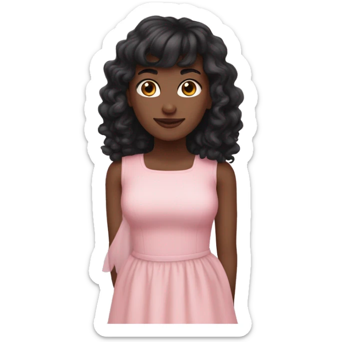 White woman with long black curly hair and bangs and dark brown eyes, wearing a pastel pink dress sticker