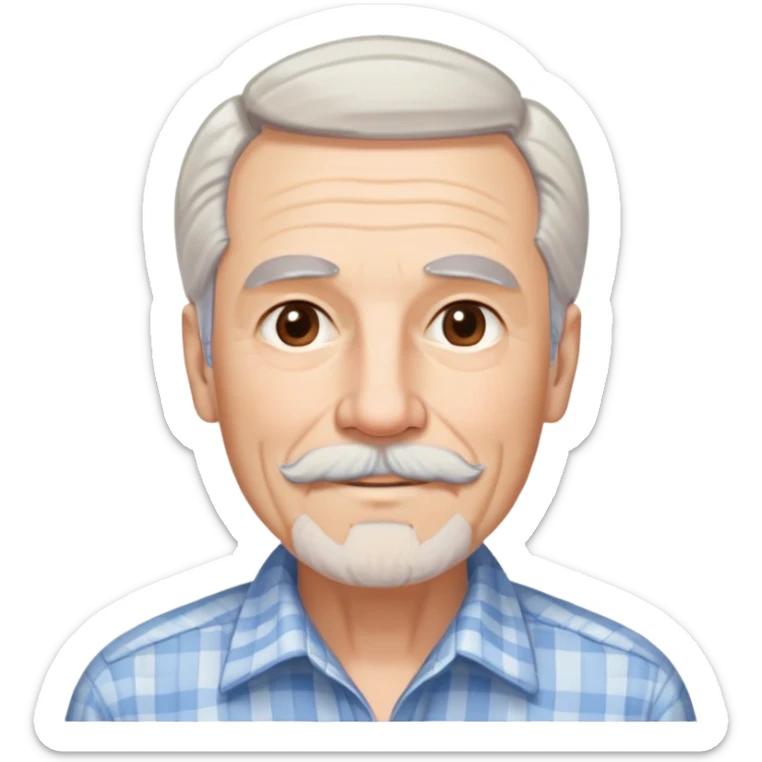 Man in his 70s with fair skin and gentle wrinkles. Long face with warm smile. Soft light brown eyes. Thin gray eyebrows. White goatee beard connected to mustache. Straight white hair combed back, longer on sides. Wearing a light blue and beige checkered button-up shirt. sticker