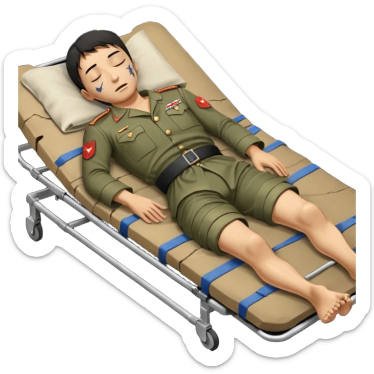 wounded man of oriental appearance, dressed in torn clothes, full length, with closed eyes, head lying on stretcher, in prone position, with injuries on black military stretcher, 1980 sticker