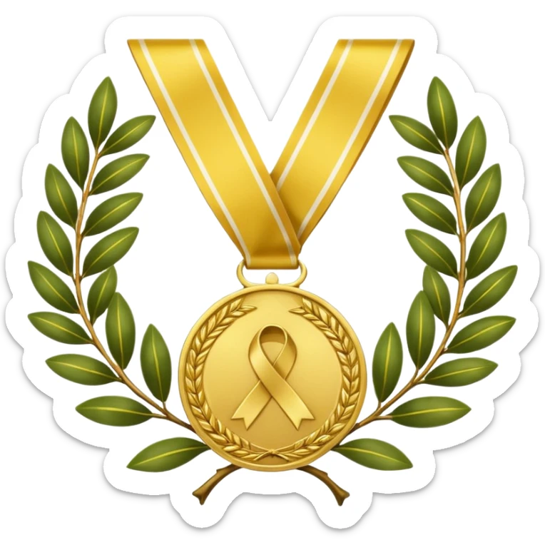 A golden medal with a glossy finish, featuring a central gold awareness ribbon symbol. The ribbon is surrounded by two laurel branches, one on each side, adding a touch of prestige. At the bottom, a small ornamental 'X' symbol completes the design sticker