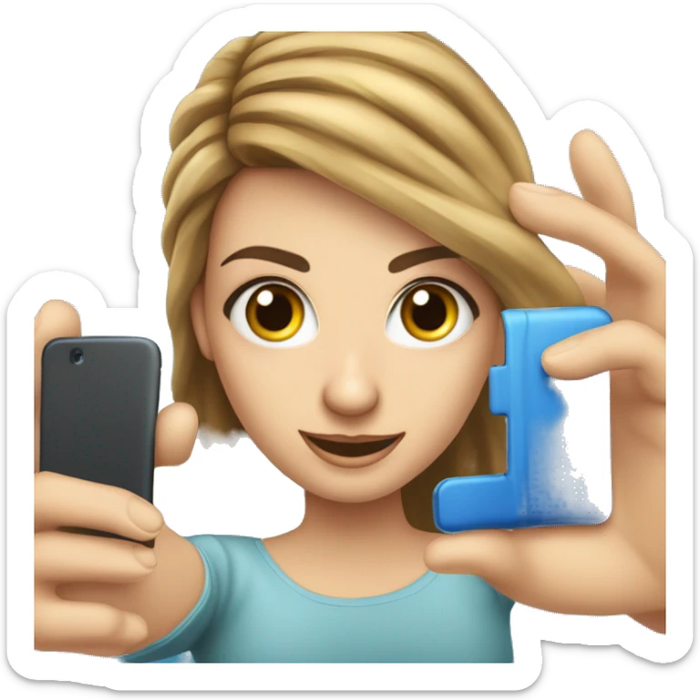 Uma garota de cabelos loiros e olhos azuis, segurando um celular fazendo selfie sticker