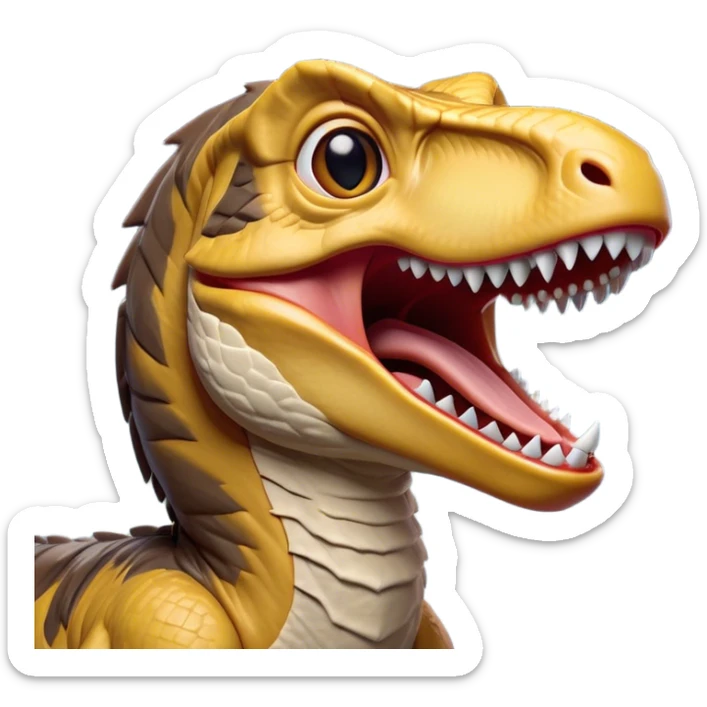 Cinematic Cute Yawning jurassic park Velociraptor Portrait Emoji, Head tilted slightly with a dramatic, wide-open yawn, showcasing a lean, powerful body with a relaxed snout and sleepy, half-closed eyes that hint at both ferocity and fatigue, Simplified yet irresistibly cute features, highly detailed, glowing with a soft, cozy prehistoric glow, high shine, relaxed yet expressive, stylized with a hint of whimsical ancient ease, soft glowing outline, capturing the essence of a drowsy yet endearing jurassic park Velociraptor that appears ready to stretch and yawn its way out of the screen! sticker