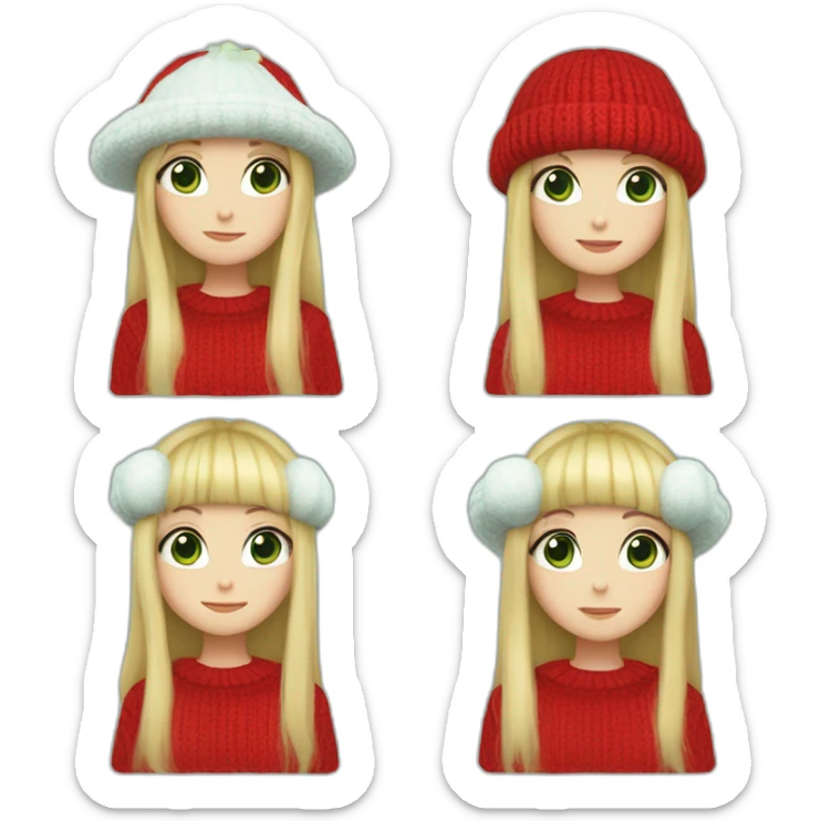 Girl with long blonde hair with bangs, blue eyes, white skin, wearing a frog hat, red sweater, green shirt, a fish necklace and an among us brooch sticker