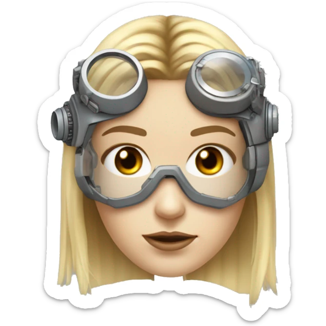 female cyborg head, fair skin, Brown long hair with blonde steaks, space age goggles and circuits sticker