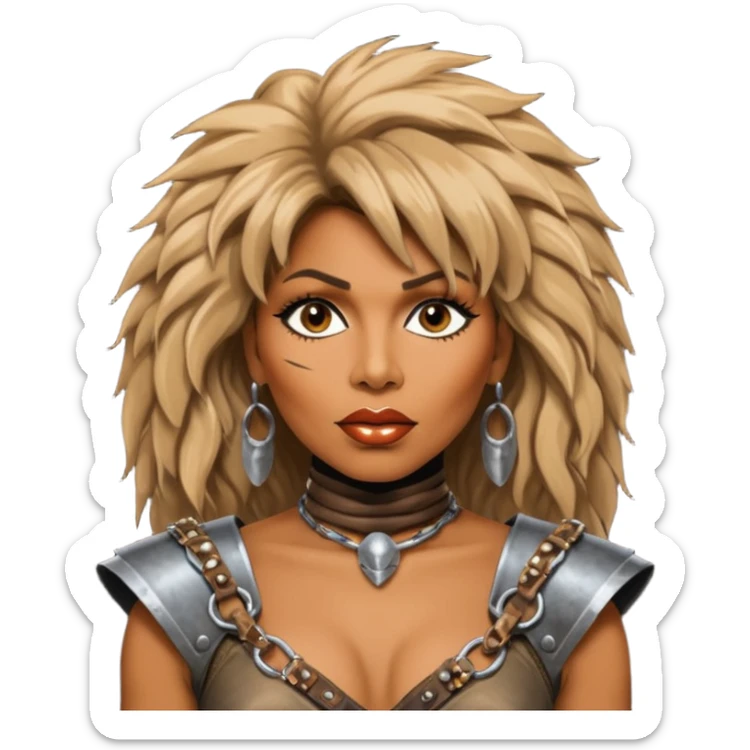 solarpunk ultra HD - portrait of Tina Turner in costume from the movie Mad Max Beyond Thunderdome, dramatic backlit by bronze spotlights sticker