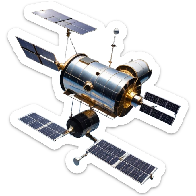 cinematic-realistic-hubble-space-telescope-emoji, an awe-inspiring, ultra-detailed depiction of the Hubble Space Telescope floating in space, its large, reflective metallic surface gleaming against the backdrop of the infinite blackness. The telescope's vast solar panels extend outwards, catching the light from distant stars, while its intricate, cylindrical body showcases advanced, precise engineering. The telescope's large, hexagonal lens is pointed towards the cosmos, surrounded by mechanical components, wires, and sensors. The detailed textures of the telescope’s metallic exterior, the shiny reflective coating, and the intricate grid-like solar panels are sharply contrasted against the void of space, with distant stars and nebulae faintly visible in the background, adding to the sense of scale and technological marvel; rendered with extreme realism and attention to detail. sticker