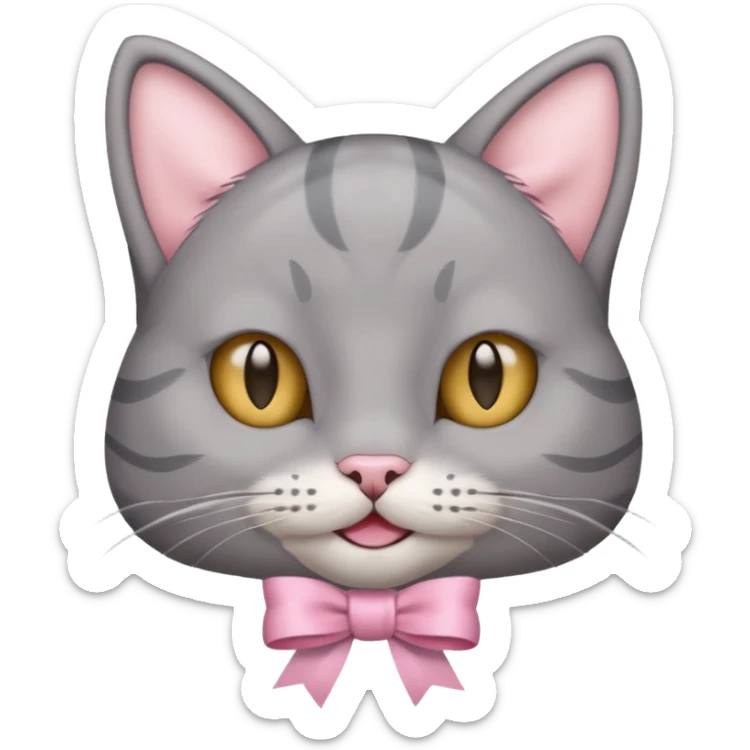 Head of a grey cat, smiling, with a loose ribbon on top of its head sticker