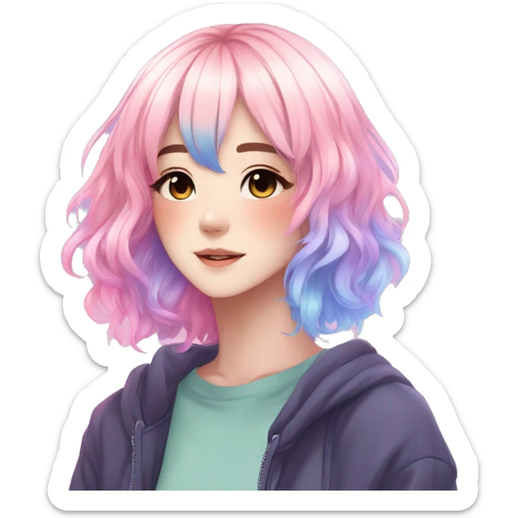 Gorgeous anime style femboy with blushing face aesthetic and pretty colorful shiny gradient pastel hair trending style sticker