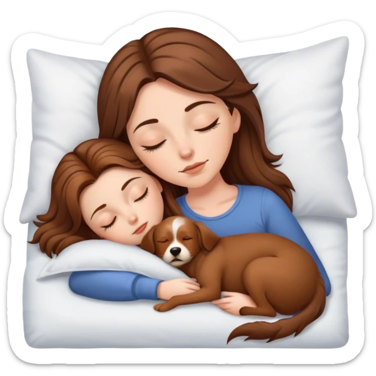 White girl brown hair sleeping with brown dog with pointed ears and lots of hair sticker