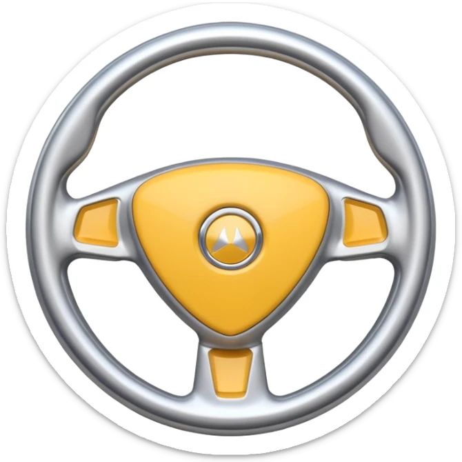 A futuristic steering wheel emoji made of silver chrome, minimal geometric design, smooth metallic surface, soft reflections, iOS emoji style, centered, clean white background sticker