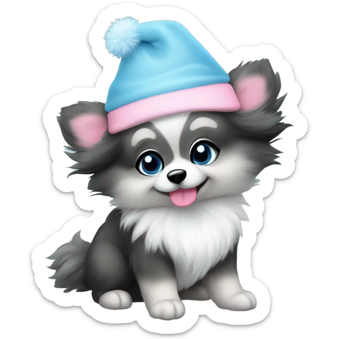Gray and black Merle pomeranian puppy full body light blue eyes pink christmas hat on sticker