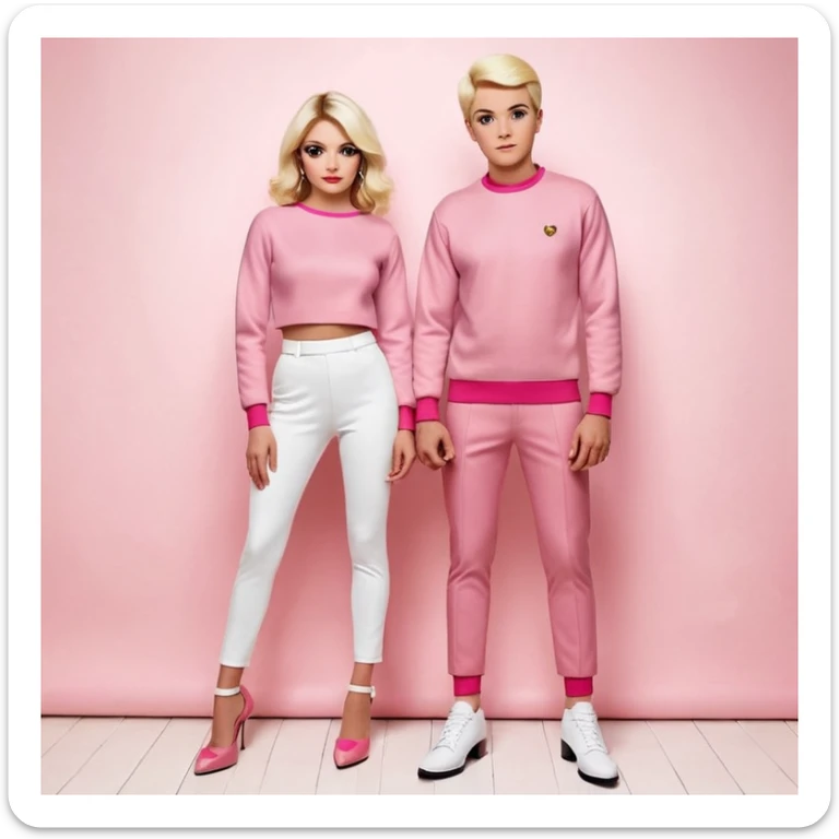 Una pareja de novios van tomados de la mano ella es rubia de ojos carmelitas piel blanca vestido rosado y tacones el muchacho es de piel morena ojos negros un pullover blanco pantalón de mezclilla y tenis blancos el fondo es una iglesia  sticker