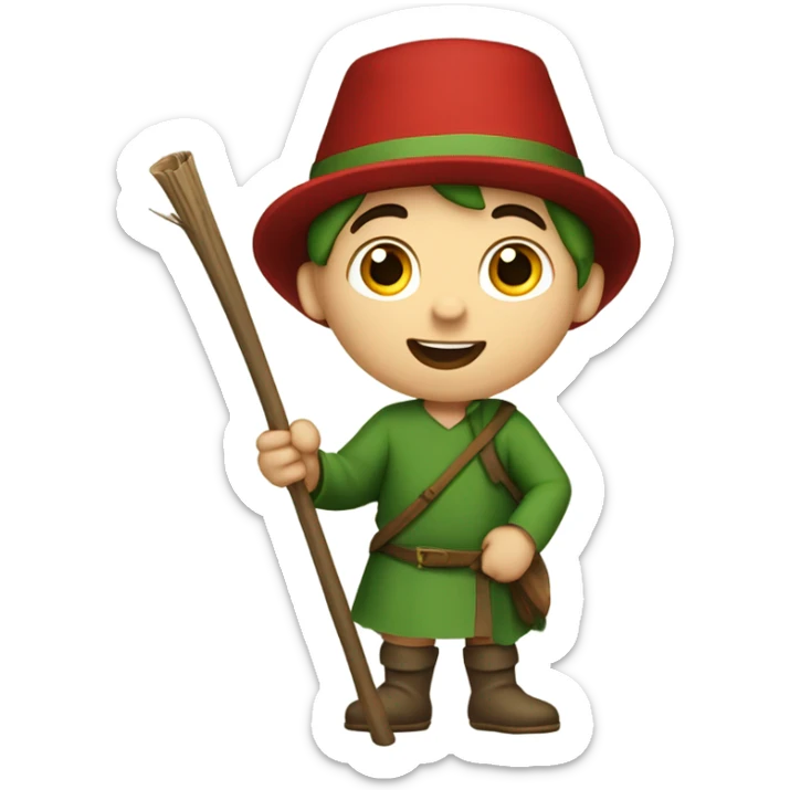 13th century European pilgrim boy with staff, red stockings, short green tunic and green hat, saying hurrah sticker