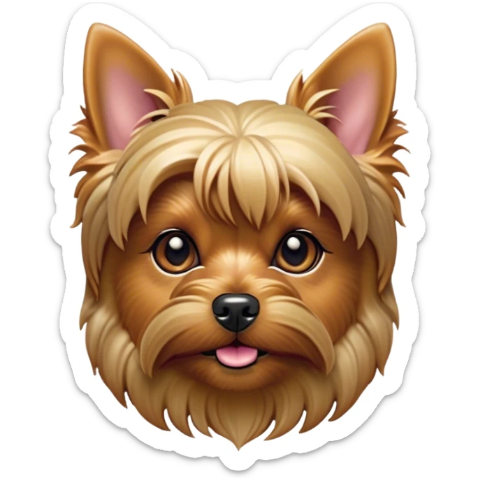 Cinematic Noble Yorkshire Terrier Portrait Emoji, Exuding refined charm and dignified poise, with a lustrous, silky fur in rich, deep hues, alert eyes and a confident expression, simplified yet exquisitely detailed, glowing with a soft, aristocratic radiance, high shine, embodying intelligent grace and classic elegance, soft glowing outline, capturing the essence of a regal Yorkshire Terrier ready to rule the screen with effortless sophistication! sticker