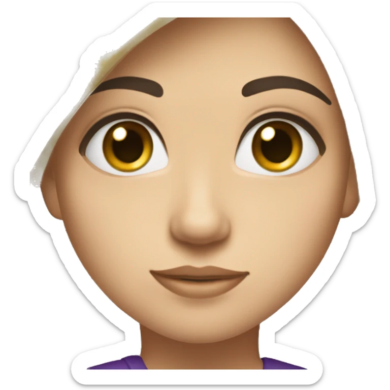 A girl with black hair and hazel green eyes, wearing a purple shirt with white Army name on it sticker