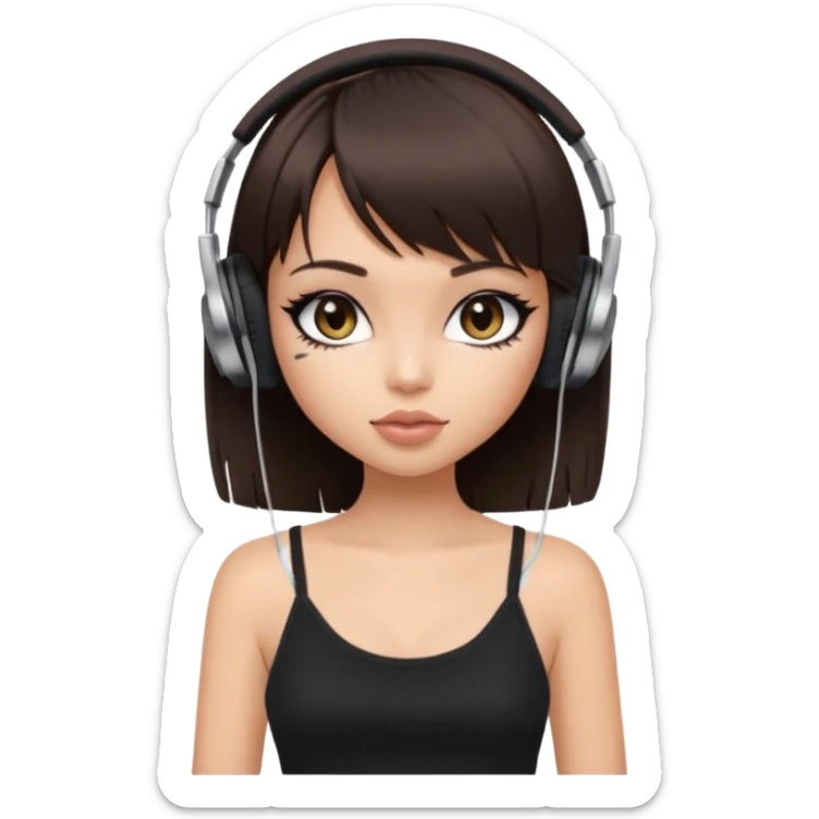 generate a pretty bratz girl in black cami top, dark brown straight bob hair with bangs, eyeliner on, listeninh to music sticker