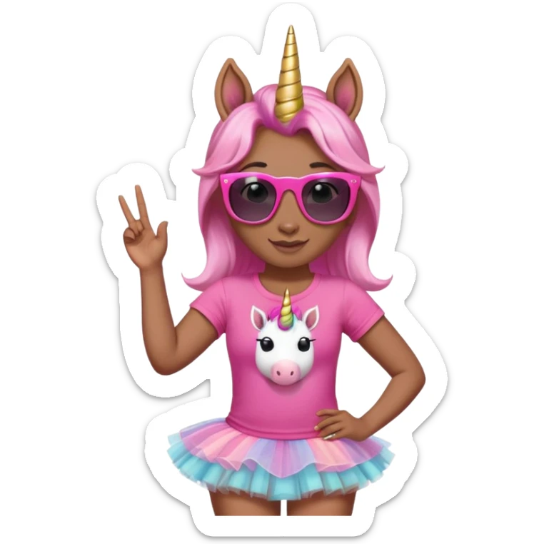 friendly anthropomorphised female unicorn in tutu and pink t-shirt, wearing dark sunglasses, standard pose, head and shoulders portrait sticker