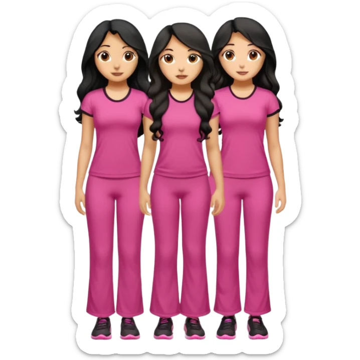 3 olive skin tone best friends. First one wearing pink gym attire modest with long black hair wavy. Second one wearing a pink fitted long maxi dress with curves long black hair and the last one wearing pink casual clothes with brown mid length hair sticker