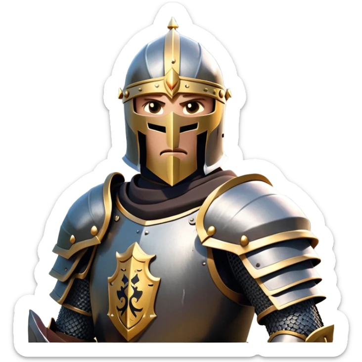 clash-of-clans-aesthetic_-cinematic-fearsome-and-majestic-knight-bust-portrait-emoji, rendered in a flat, vector-style with minimal shading and bold, simplified shapes, depicting a battle-ready medieval knight with steely eyes and intricate armor, mounted riding on a black warhorse reflecting sunlight over a misty battlefield. sticker