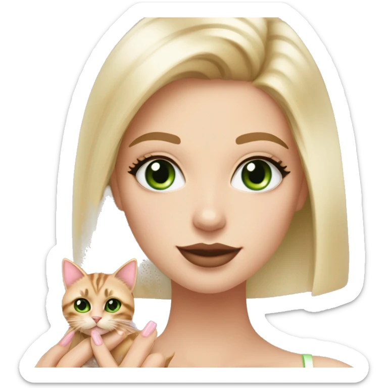 A girl with green eyes and blonde straight hair, and makeup nude lipstick  and eyelashes, oval light pink fingernails ,white top, holding a tortoiseshell cat with green eyes sticker