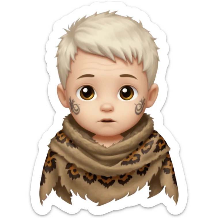 ancient hairy white baby tatooed boy, tattered animal skin shawl sticker