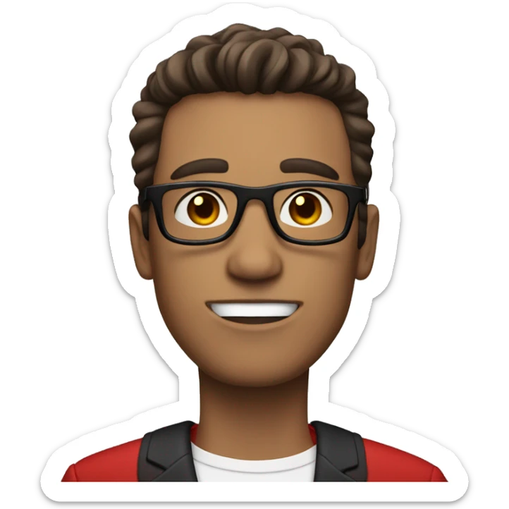 skinny guy with brown hair, black glasses and red suit sticker