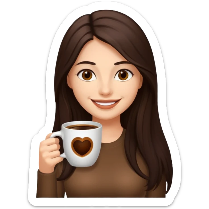 Straight Dark Brown long haired sexy woman smiling with dark brown eyes with cup of coffee sticker