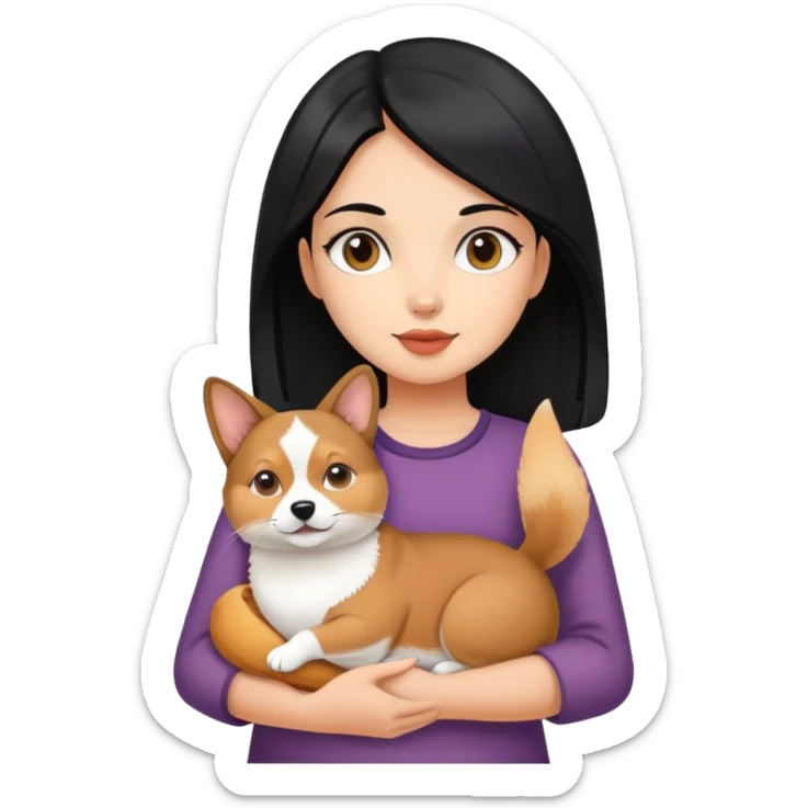 The girl with black hair is holding a Abyssinian cat and a Corgi. sticker