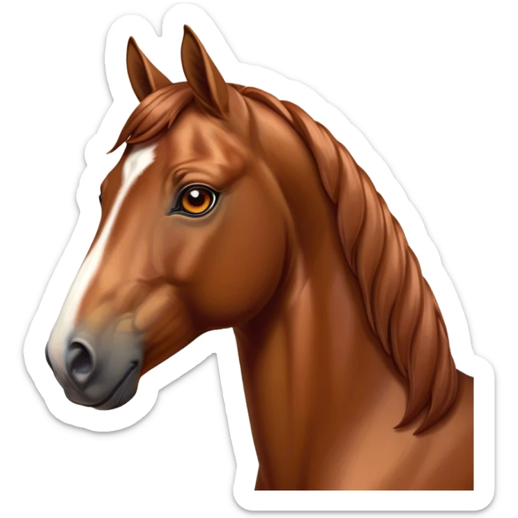 Cinematic Noble Chestnut Horse Portrait Emoji, Poised and regal, with a strong, athletic build and a lustrous, well-groomed chestnut fur, deep-set soulful amber eyes, Simplified yet sharp and sophisticated features, highly detailed, glowing with a warm, dignified glow, high shine, intelligent and majestic, stylized with an air of equine elegance, focused and attentive, soft glowing outline, capturing the essence of a watchful and confident steed, so majestic it feels as though it could gallop out of the screen with effortless authority! sticker