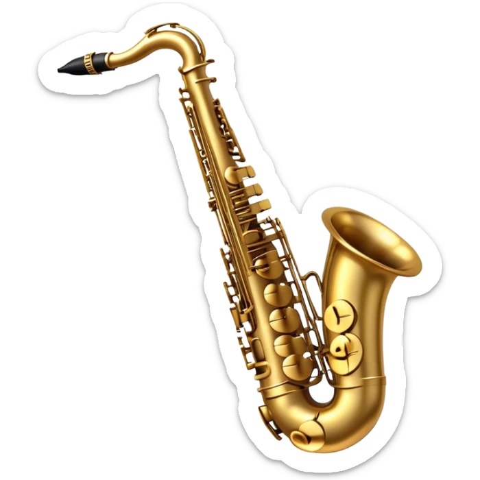 Cinematic Realistic Saxophone, smooth, curving brass body with a golden finish, soft reflections of warm light catching the details, a player’s fingers carefully pressing the keys, glowing with a jazzy, atmospheric charm. sticker